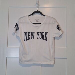ON FIRE Cropped Cotton Tee Shirt NEW YORK White Size Large